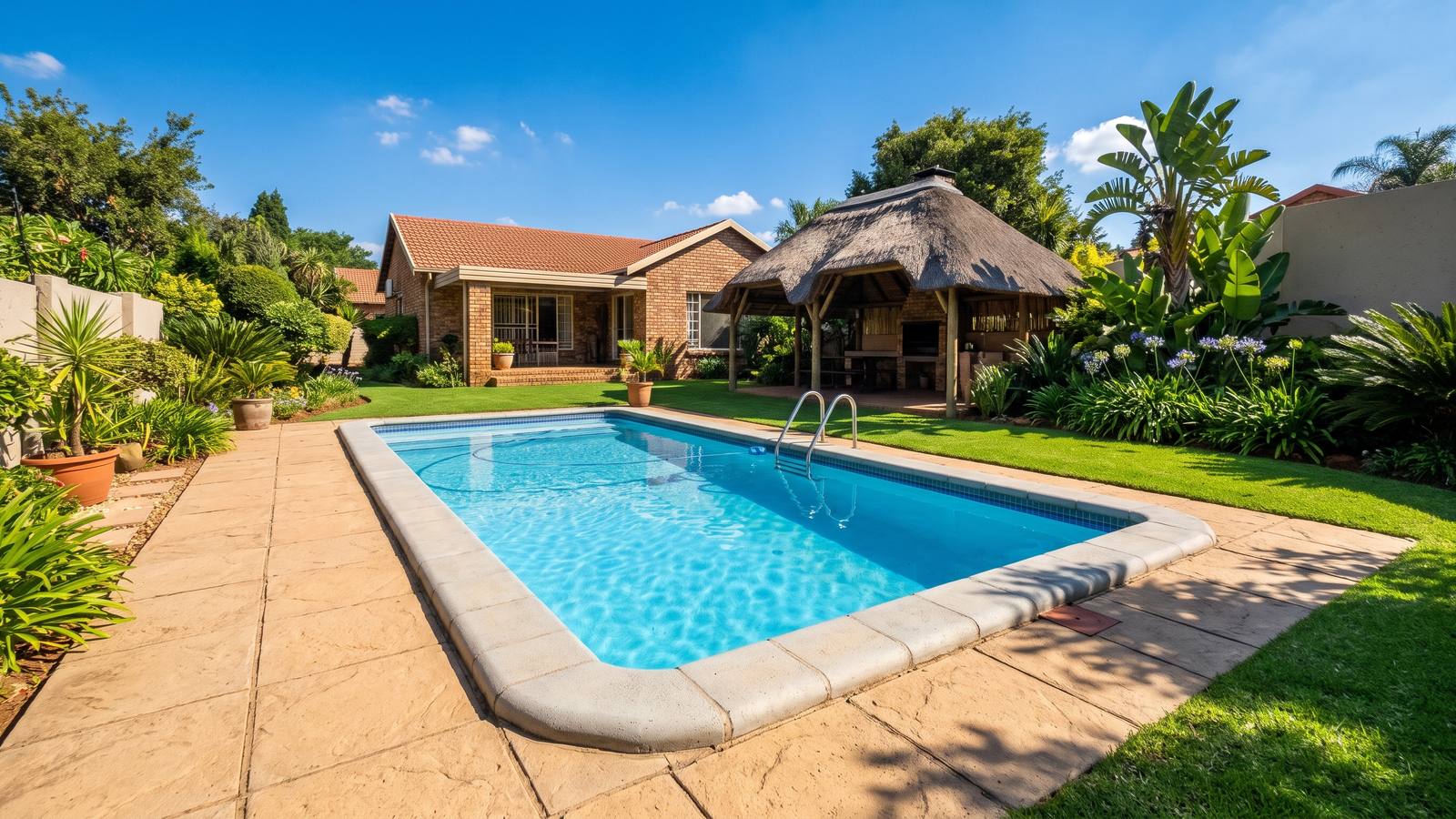 Light bullnose concrete pool coping edging a blue pool, with sand-coloured pavers around the pool and a lawn beyond.