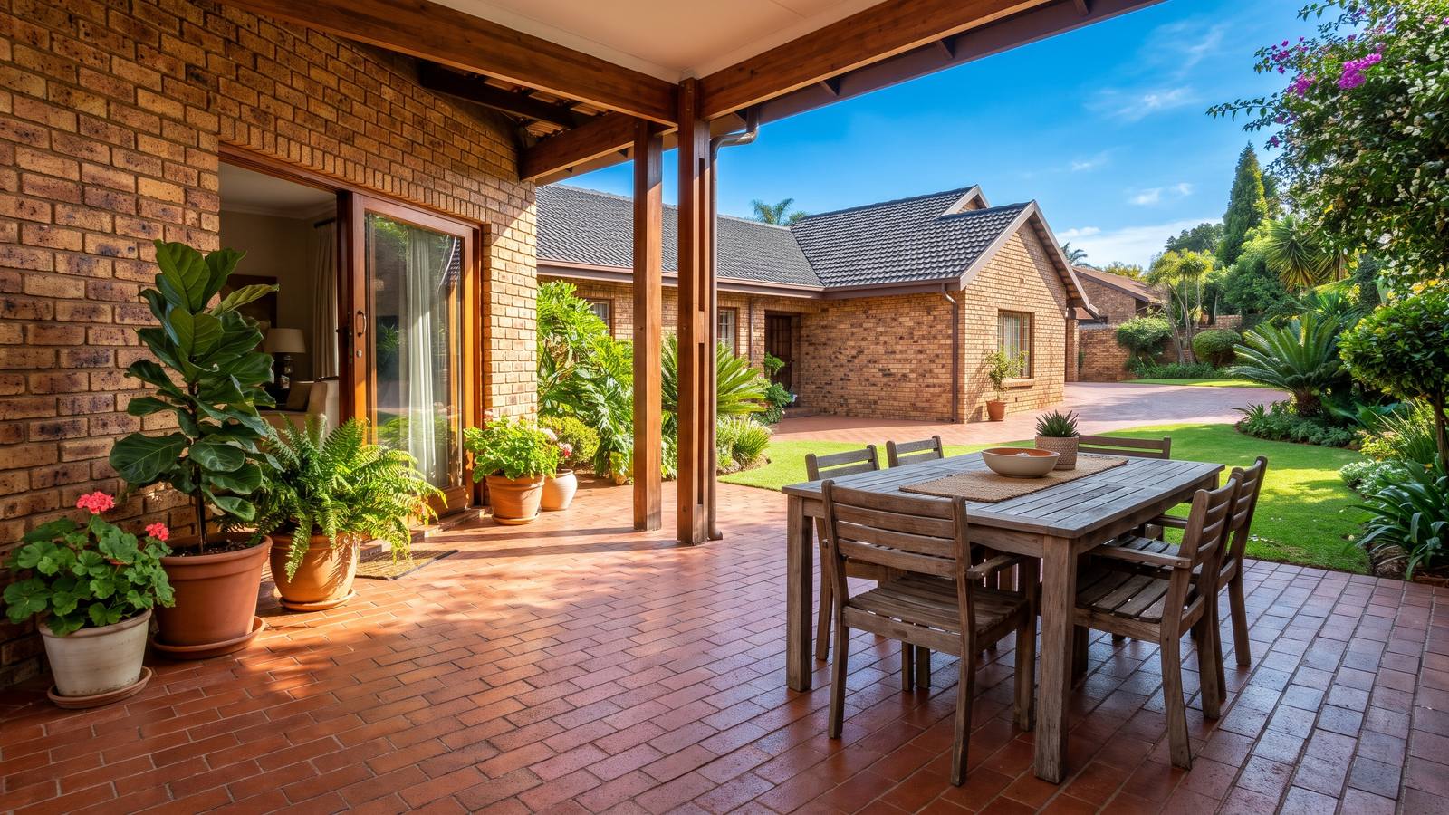 Clean, freshly sealed red clay pavers on a covered patio with crisp sanded joints after paving cleaning.