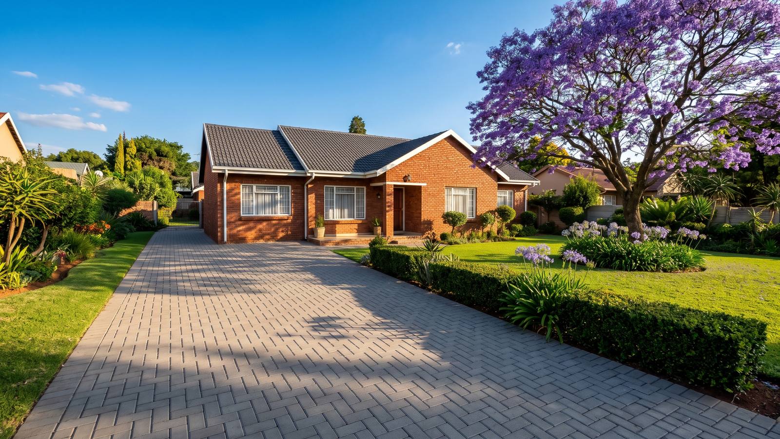 Grey interlocking block driveway in front of a face-brick home with a jacaranda tree, an example of paving in Pretoria.