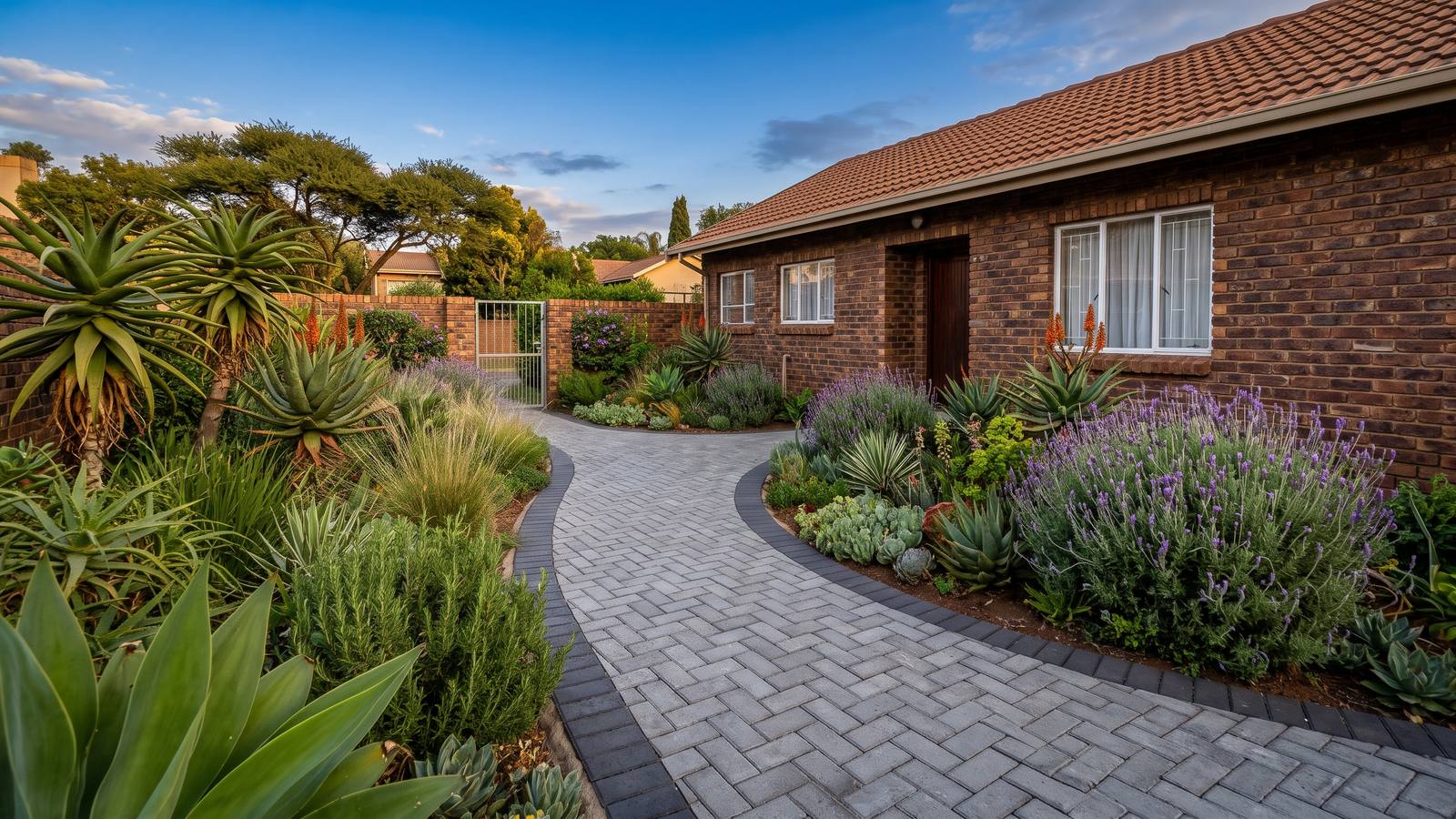 Herringbone cobble paving with a charcoal soldier-course border curving through a garden of aloes and lavender, one of many paving designs.