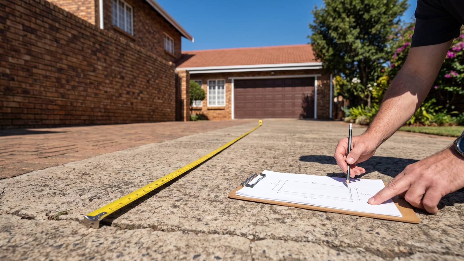 Measuring tape stretched across an old driveway beside a clipboard sketch, measuring for a paving quote.
