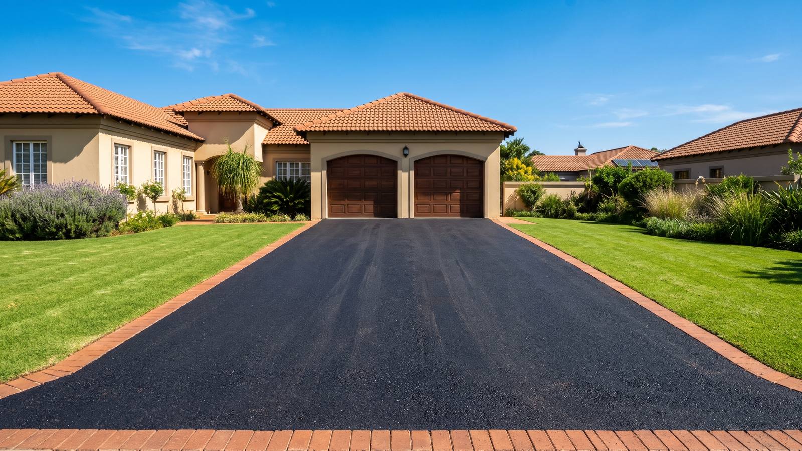 Freshly rolled black tar driveway with a neat brick edge leading to a Tuscan-style double garage, finished tar surfacing in Pretoria.
