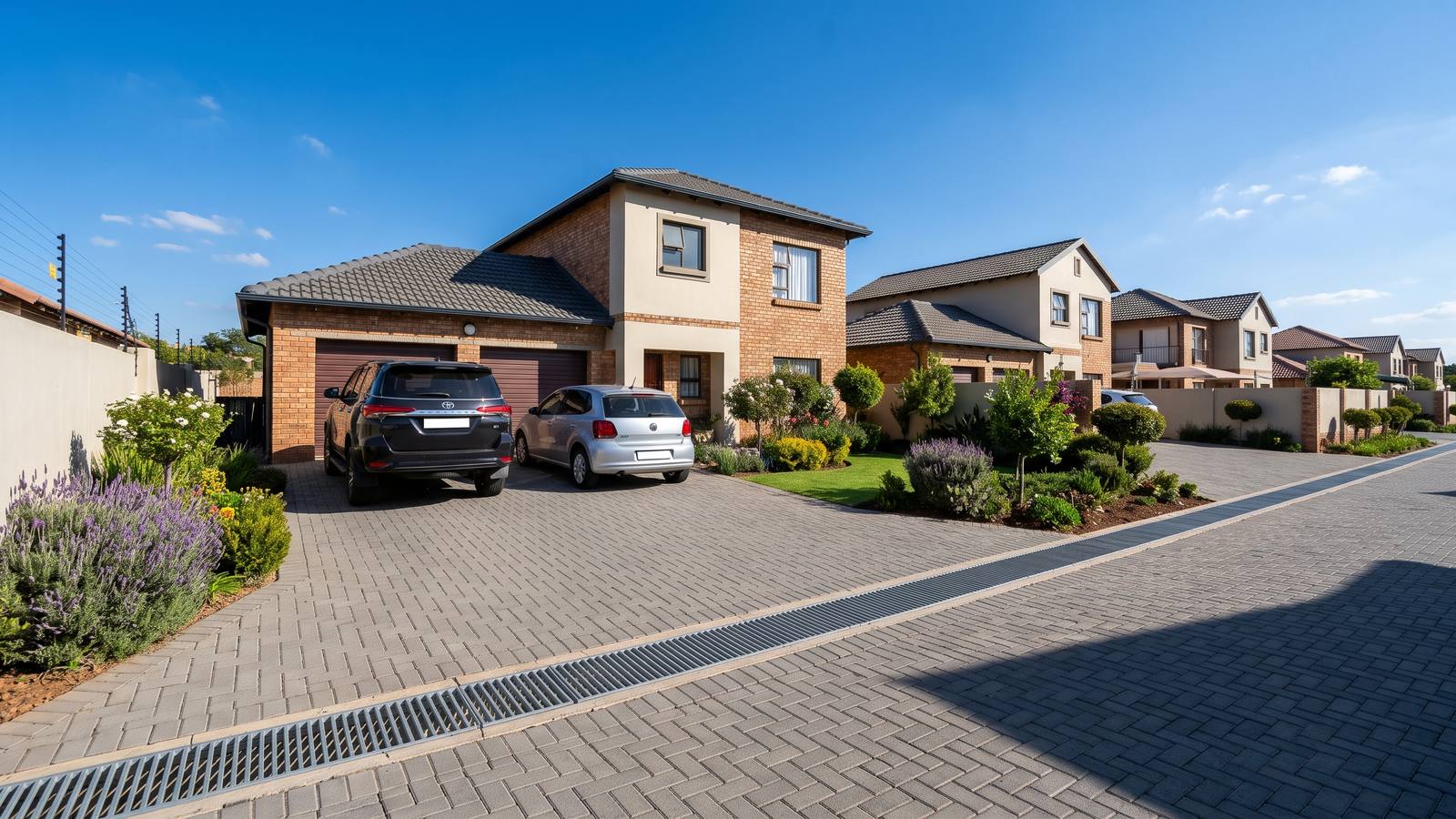 Neat grey paved driveways and a channel drain in front of two-storey townhouses, typical paving in Centurion.