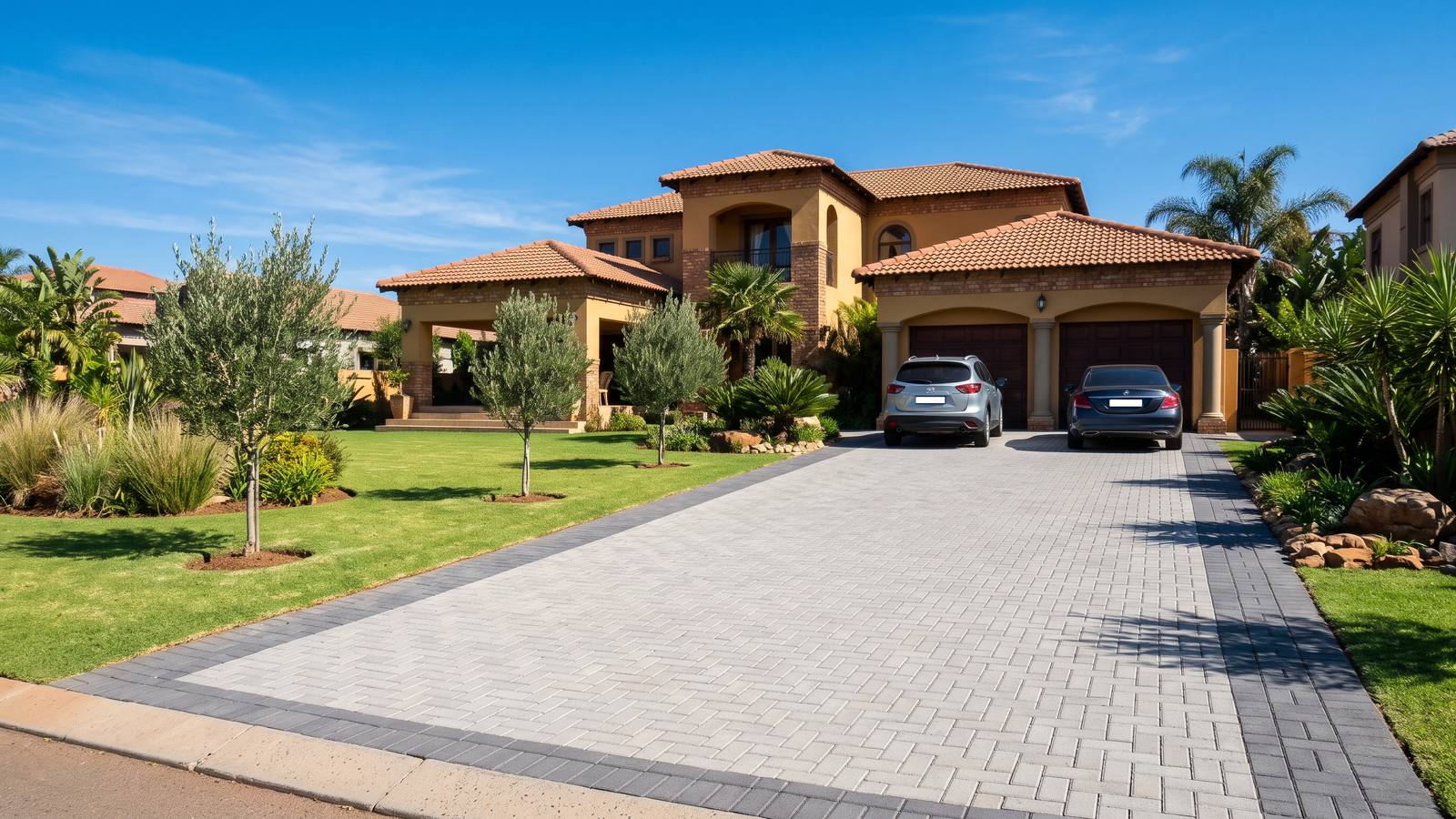 Two-tone paved driveway with charcoal borders and grey herringbone infill leading to a double garage on an estate home, finished driveway paving.
